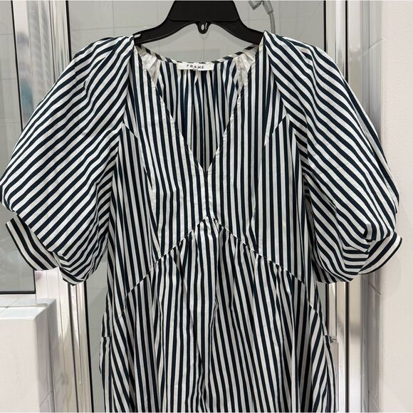 Frame Striped Puff Sleeve Midi Dress Navy White 100% cotton size medium - Picture 4 of 10